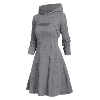 

Hooded Cable Knit Arm Warmer Sweater and Mini Dress Set, Gray