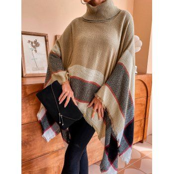 

Colored Striped Pattern Sweater Poncho Turtleneck Cape Asymmetrical Hem Sweater, Multicolor