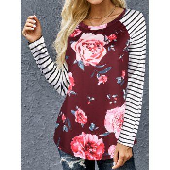 

Flower Stripe Print Colorblock T-shirt Raglan Sleeve Round Neck Long Tee, Multicolor