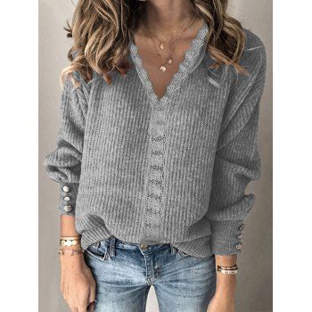 

Solid Color Floral Lace Panel Knitwear Textured Mock Button Long Sleeve V Neck Knit Top, Dark gray