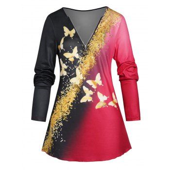 

Contrast Colorblock T Shirt Butterfly Print Half Zipper Long Sleeve Tee, Multicolor