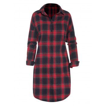 

Plaid Print Shirt Vintage Shirt Curved Hem Full Sleeve Button Up Long Shirt, Multicolor