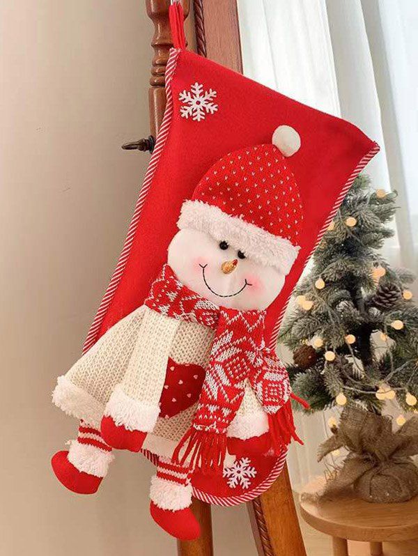 Bas Chaussettes de Noël Motif Adorable Père Noël et Flocons de Neige Décor Maison - Rouge 