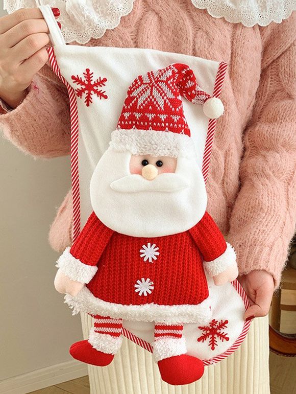 Bas Chaussettes de Noël Motif Adorable Père Noël et Flocons de Neige Décor Maison - Blanc 