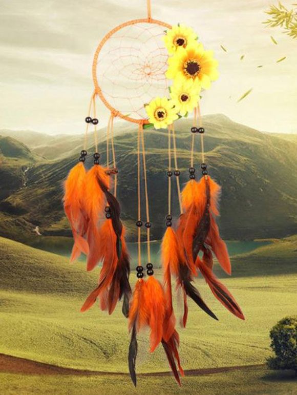 Attrape-Rêve Fait-Main Motif Tournesol et Perles Fantaisies et Fausse Plume Style Bohémien Décor Maison - multicolor 