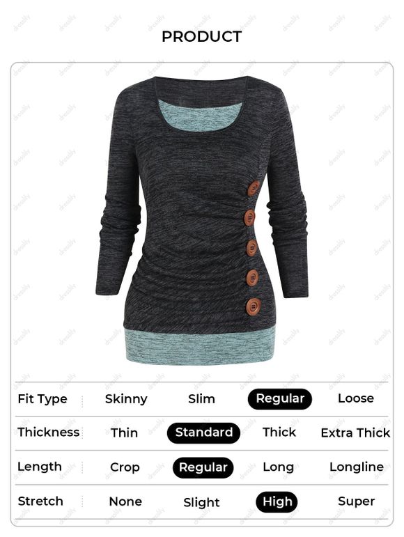 T-shirt Décontracté Teinté Contrasté Boutonnée en Blocs de Couleurs à Manches Longues Faux Deux Pièces - Gris Foncé XXL