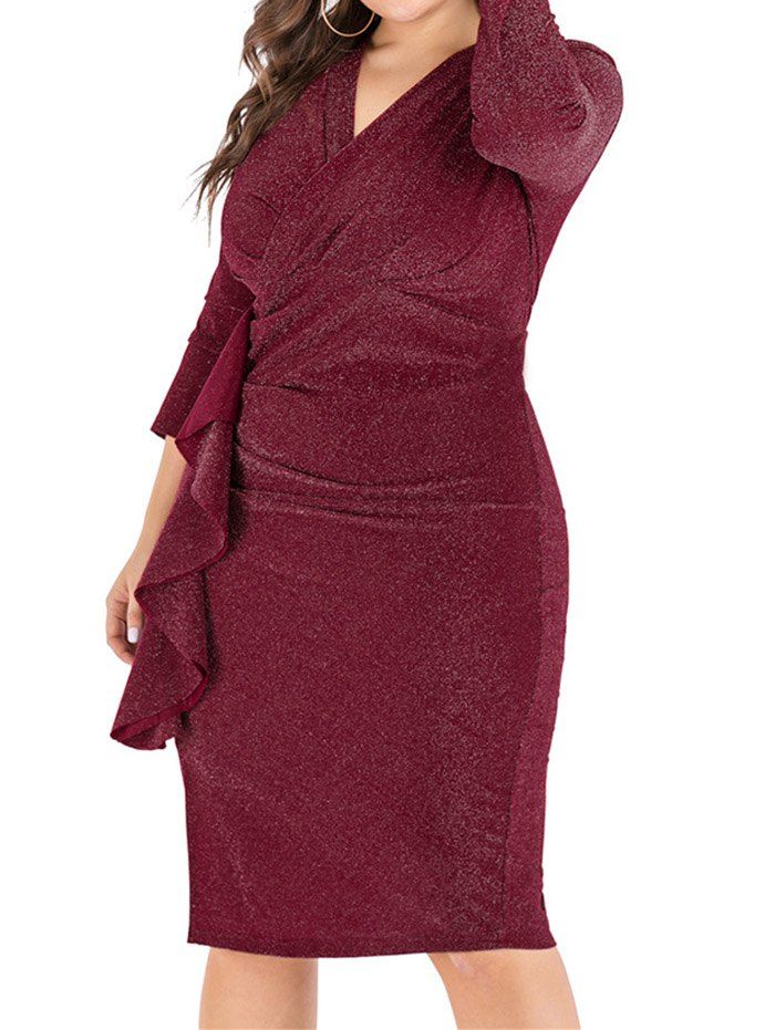 Plus Size Glitter Surplice Plunge Party Bodycon Dress Draped Frilled Side Slit Long Sleeve Dress - RED 5XL