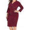 Plus Size Glitter Surplice Plunge Party Bodycon Dress Draped Frilled Side Slit Long Sleeve Dress - RED 5XL