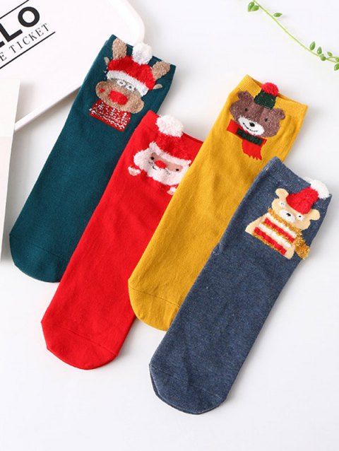 4 Pair Christmas Socks Animal Elk Santa Claus Cute Socks
