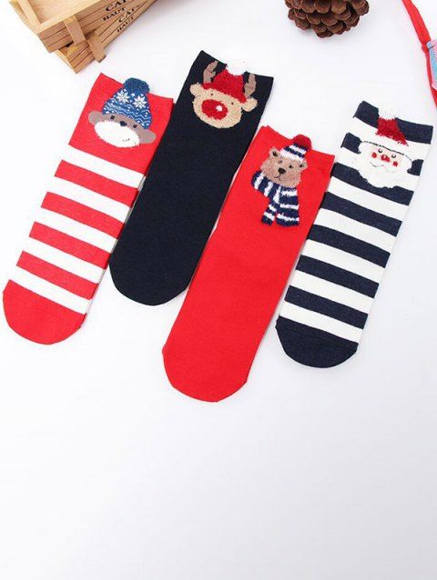 4 Pair Christmas Socks Animal Santa Claus Striped Print Cute Socks Set