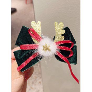 

Christmas Elk Snowflake Faux Fur Bowknot Velour Hair Clips, Deep green