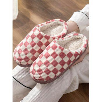 

Checkeredboard Print Corduory Faux Fur Liner Non Slip Home Indoor Warm Slippers, Multicolor