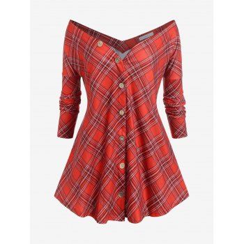 

Plaid Button Up Off The Shoulder Plus Size Top, Red