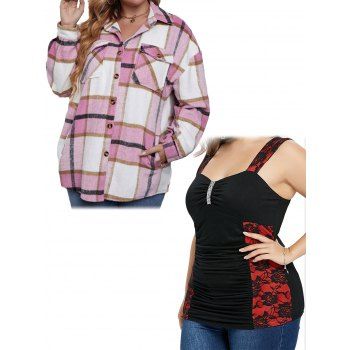

Plus Size Plaid Print Fluffy Pocket Patches Curved Hem Shirt And Sequined Flower Lace Insert Tank Top Casual Outfit, Multicolor