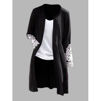 

Plus Size Flower Crochet Lace Applique Open Front Long Top And Adjustable Straps Basic Camisole Two Piece Set, Black