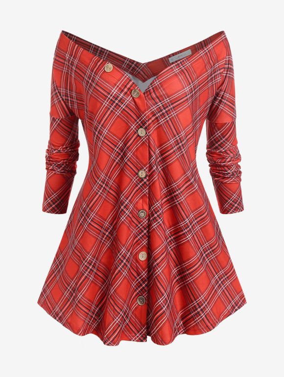 Plaid Button Up Off The Shoulder Plus Size Top - RED 5X