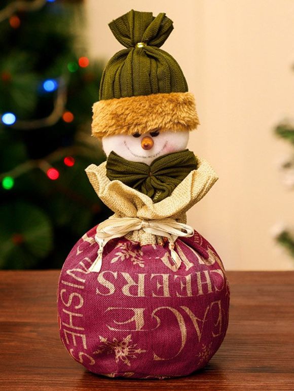 Sac Cadeaux avec Cordon de Serrage Motif Père Noël et Bonhomme de Neige pour Noël - Rouge foncé 