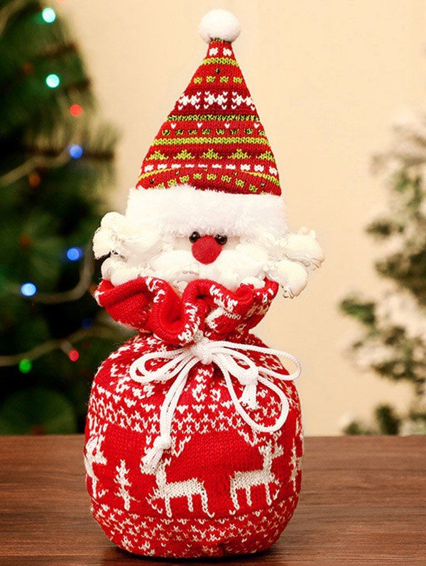 Sac Cadeaux avec Cordon de Serrage Motif Père Noël Élan et Bonhomme de Neige - Rouge 