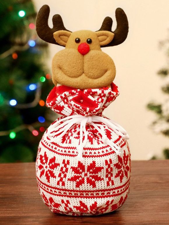 Sac Cadeaux avec Cordon de Serrage Motif Père Noël Élan et Bonhomme de Neige - Rose clair 