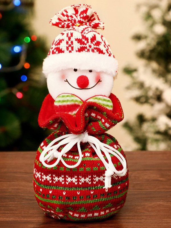 Sac Cadeaux avec Cordon de Serrage Motif Père Noël Élan et Bonhomme de Neige - Rouge foncé 
