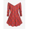 Plaid Button Up Off The Shoulder Plus Size Top - RED 4X