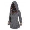 Tribal Stripe Hooded Knit Top Ruched Curved Hem Long Sleeve Knitted Top