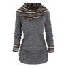 Tribal Stripe Hooded Knit Top Ruched Curved Hem Long Sleeve Knitted Top - GRAY XL