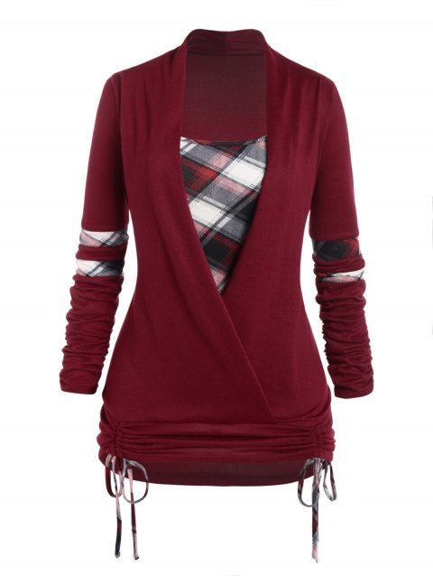 Plus Size Plaid Print Faux Twinset Knitwear Crossover Cinched Tie Full Sleeve Long Knit Top