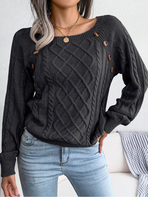Cable Knit Sweater Mock Button Raglan Sleeve Crew Neck Pullover Sweater