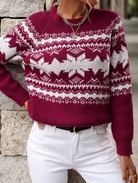 Christmas Sweater Snowflake Printed Round Neck Long Sleeve Pullover Sweater