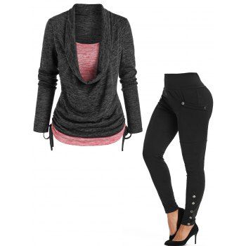 

Plus Size Colorblock Cinched Space Dye Faux Twinset T Shirt And Snap Buttons Pants Casual Outfit, Multicolor