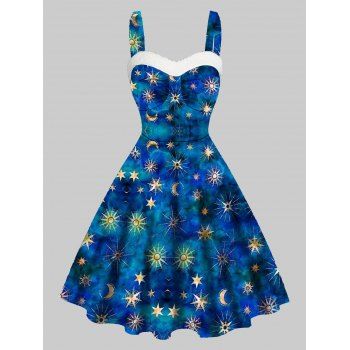 

Celestial Sun Moon Star Allover Print Mini Dress Faux Fur Panel Sweetheart Neck Sleeveless Cami Dress, Deep blue