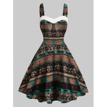 

Tribal Animal Geometric Allover Print Mini Dress Faux Fur Panel Sweetheart Neck Sleeveless A Line Cami Dress, Deep coffee