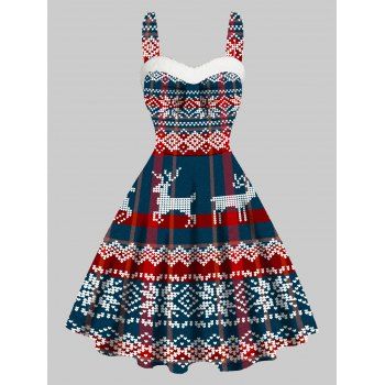 

Plaid Snowflake Elk Geo Allover Print Christmas Dress Faux Fur Panel Sweetheart Neck Sleeveless Cami Dress, Deep red
