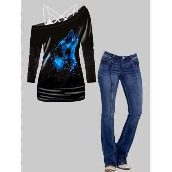 

Printed Long Sleeve Knit Top Crisscross Camisole And Topstitching Pockets Zipper Fly Flare Jeans Casual Outfit, Multicolor
