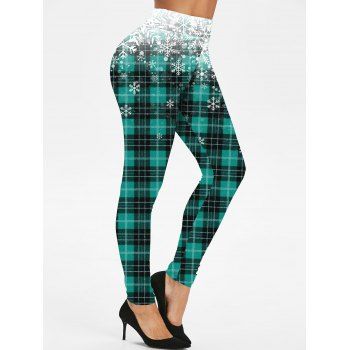 

Christmas Leggings Plaid Print Snowflake Print Elastic High Waisted Skinny Long Pants, Deep green