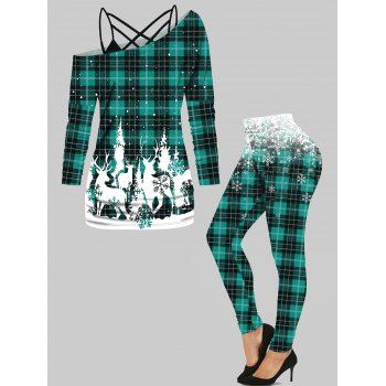 

Lattice Strap Cami Top Snowflake Elk Plaid Print T Shirt And Skinny Pants Christmas Outfit, Green