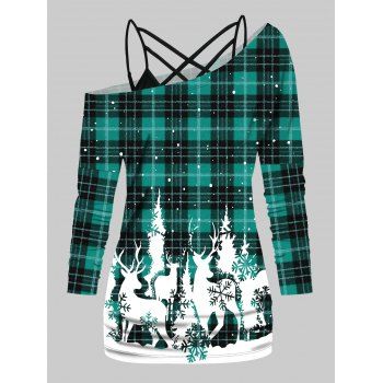 

Lattice Strap Cami Top And Snowflake Elk Plaid Print Skew Neck Long Sleeve T Shirt Christmas Top Set, Deep green