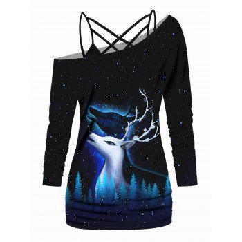 

Lattice Straps Plain Color Cami Top And Elk Print Skew Neck Long Sleeve T Shirt Christmas Set, Black
