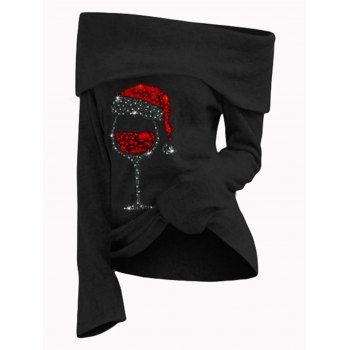 

Off the Shoulder Top Wine Glass Christmas Hat Pattern Foldover Long Sleeve Top, Black