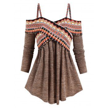 

Cold Shoulder Tribal Geometric Graphic Crossover Knitwear Long Sleeve Spaghetti Strap Long Knitwear, Coffee