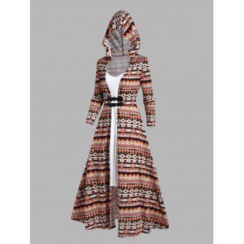 

Plain Cami Dress And Tribal Print Buckle Long Sleeve Longline Hooded Top Two Piece Ethnic Set, Coffee