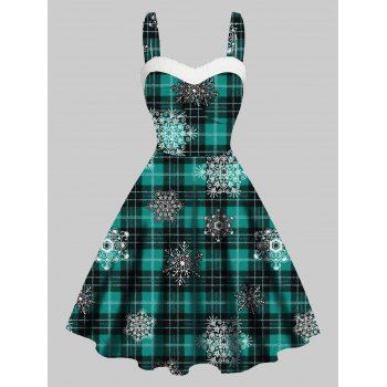 

Christmas Dress Plaid Print Snowflake Print Faux Fur High Waisted Dress Strap A Line Mini Dress, Deep green
