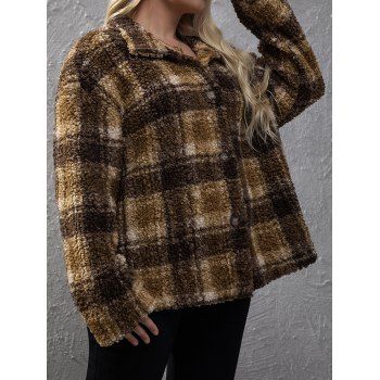 

Plus Size Coat Plaid Pattern Teddy Faux Fur Button Up Long Sleeve Coat, Multicolor