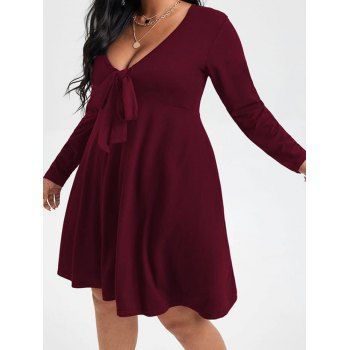 

Plus Size Dress Plain Color Bowknot High Waisted Plunging Neck A Line Mini Dress, Deep red