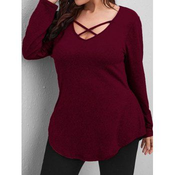 

Plus Size T Shirt Plain Color Crisscross Curved Hem V Neck Long Sleeve Tee, Deep red