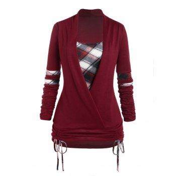 

Plus Size Plaid Print Faux Twinset Knitwear Crossover Cinched Tie Full Sleeve Long Knit Top, Deep red