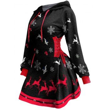 

Christmas Elk Snowflake Print Hooded Dress Lace Up Long Sleeve Mini Hoodie Dress, Black