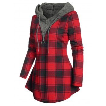 

Plaid Print Hooded Top Textured Knit Panel Hood O Ring Zipper Detail Long Sleeve Top, Deep red