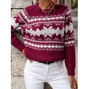 

Christmas Sweater Snowflake Printed Round Neck Long Sleeve Pullover Sweater, Red